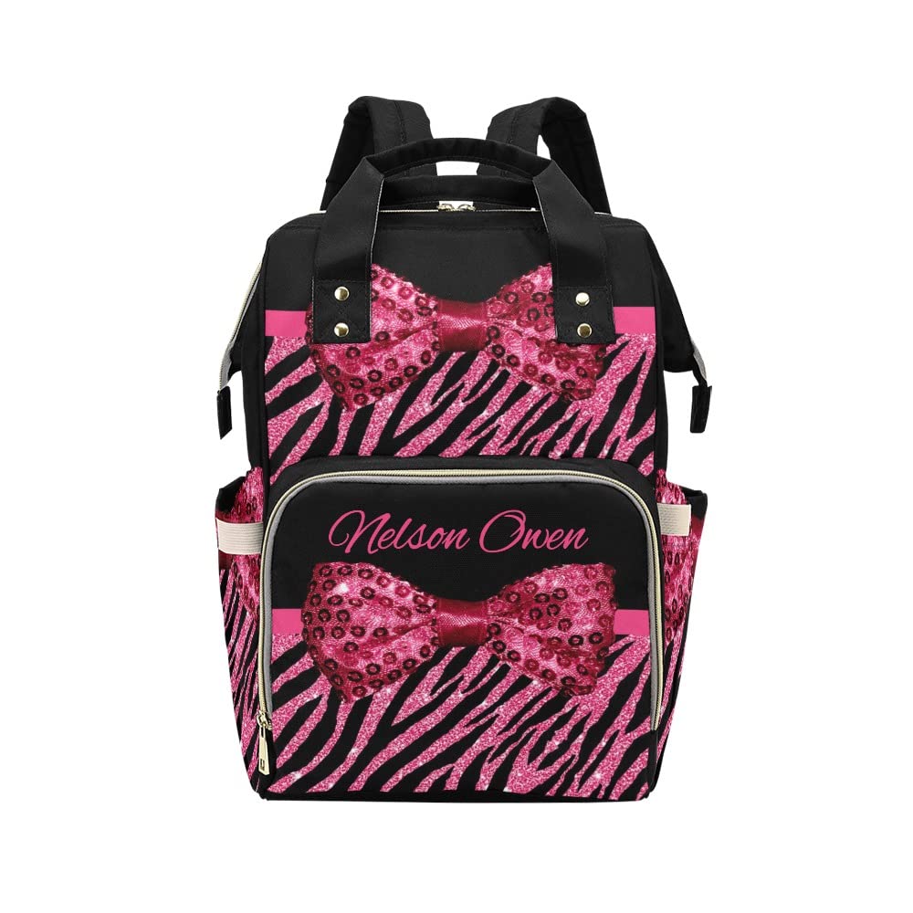 Pink Bow Glitter Print Personalized Diaper Backpack with Name,Custom Travel DayPack for Nappy Mommy Nursing Baby Bag One Size