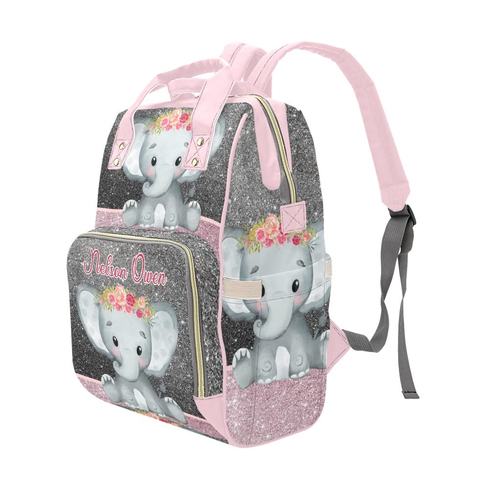 Girl Elephant Pink Gray Personalized Diaper Backpack with Name,Custom Travel DayPack for Nappy Mommy Nursing Baby Bag One Size