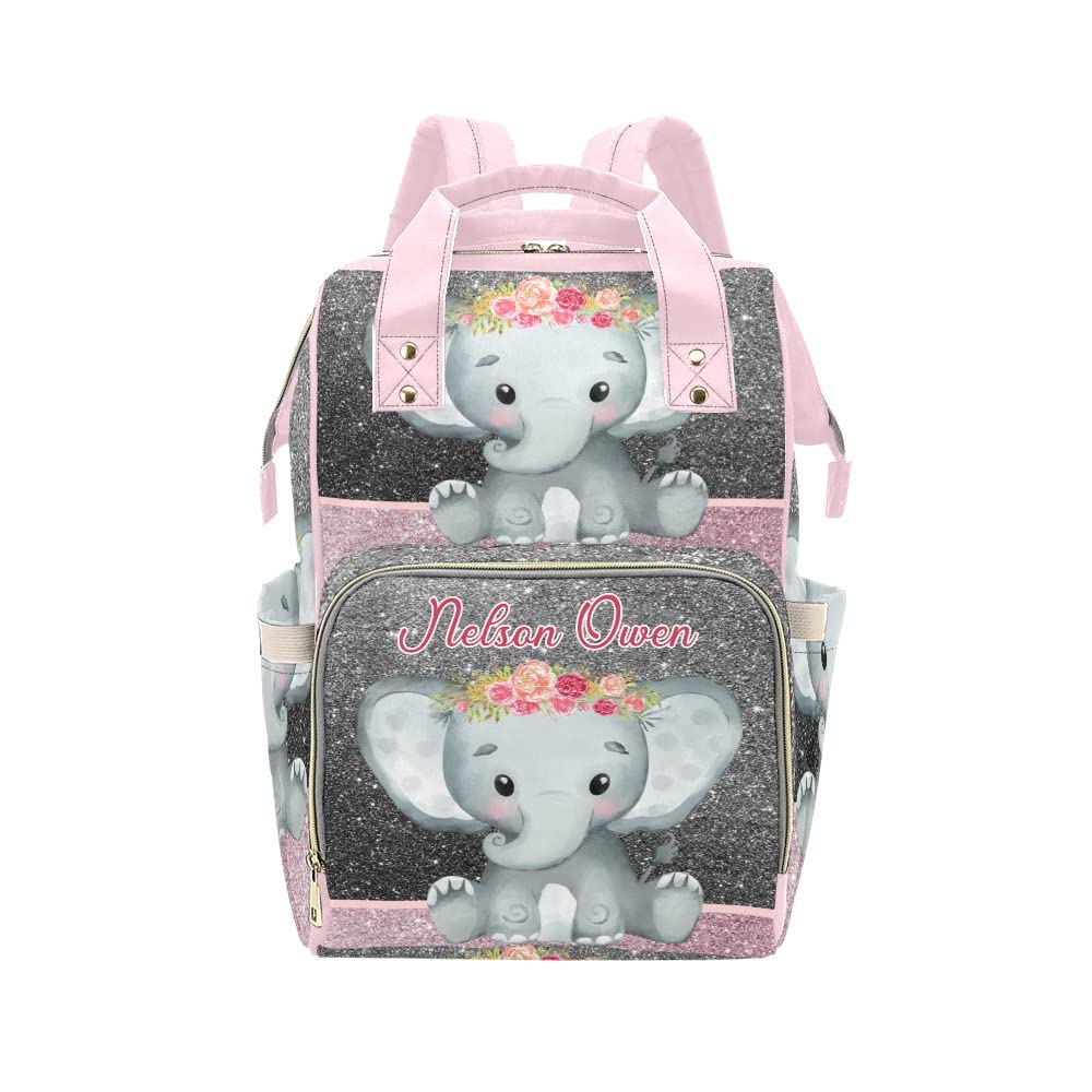 Girl Elephant Pink Gray Personalized Diaper Backpack with Name,Custom Travel DayPack for Nappy Mommy Nursing Baby Bag One Size