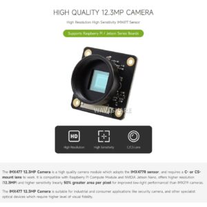 Waveshare IMX477 12.3MP Camera for Raspberry Pi CM3/CM3 Lite/CM3+/CM3+ Lite/CM4/Jetson Nano Developer Kit Supports C/CS Lenses(Required but Not Included)