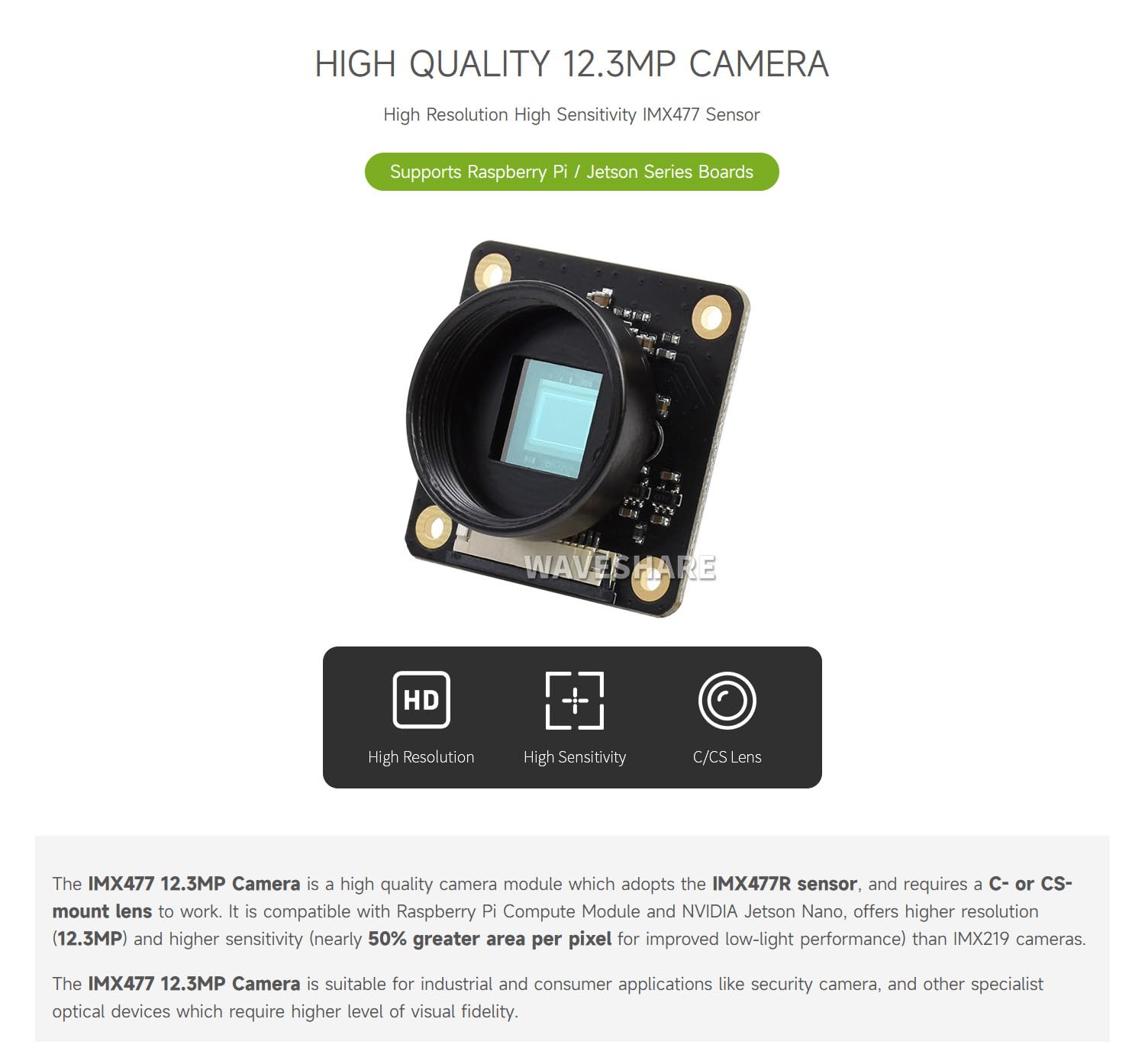 Waveshare IMX477 12.3MP Camera for Raspberry Pi CM3/CM3 Lite/CM3+/CM3+ Lite/CM4/Jetson Nano Developer Kit Supports C/CS Lenses(Required but Not Included)