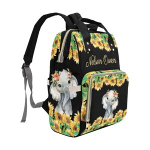 Sunflowers Black Elephant Personalized Diaper Backpack with Name,Custom Travel DayPack for Nappy Mommy Nursing Baby Bag One Size