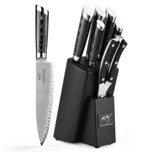 NANFANG BROTHERS Damascus Knife Set with Block,Japanese Knife Set,Chefs Knife Sets Professional,7 Pieces,with Block,Chef Knife,Bread Knife & Santoku Knife,Paring Knife,Shears