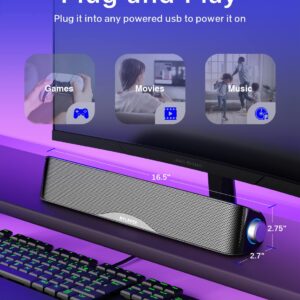 Computer Speakers, HiFi Sound Quality Computer Sound Bar, USB Powered PC Speakers, Bluetooth 5.0 and 3.5mm Aux-in Computer Speakers for Desktop, Laptops, PCs, Phones, Tablets, Xbox, Gaming Speakers