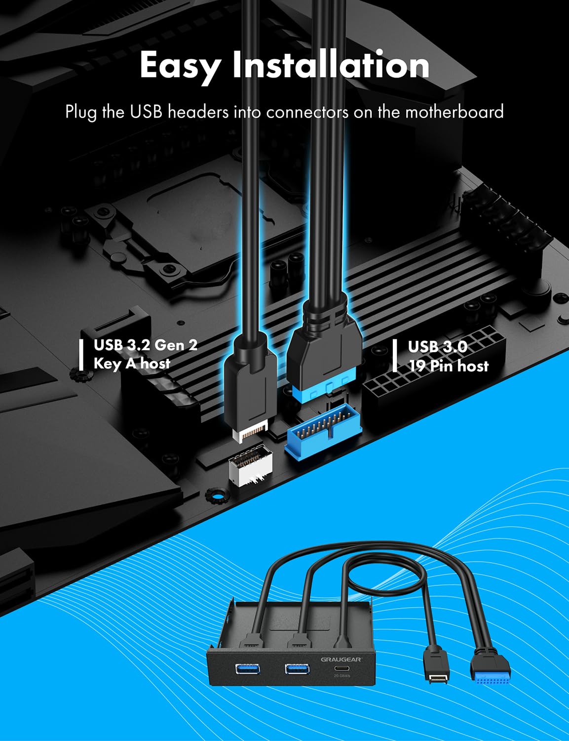 GRAUGEAR 3.5 Inch Front Panel USB Hub, Internal USB Hub with 20Gbps USB3.2 Gen2 USB-C and USB 3.0 Ports, USB3.2 Type-E Key-A 20-Pin Header & USB3.0 Header Required, Fits 3.5" PC Computer Case [G-MP01]