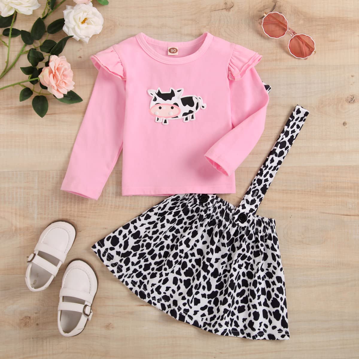 BOEBNOZCV Toddler Baby Girl Ruffled Long Sleeve Cow Print Shirts Top + Leopard Suspender Skirts Overall Dress Clothes Set (Cow Long Sleeve,2-3T)