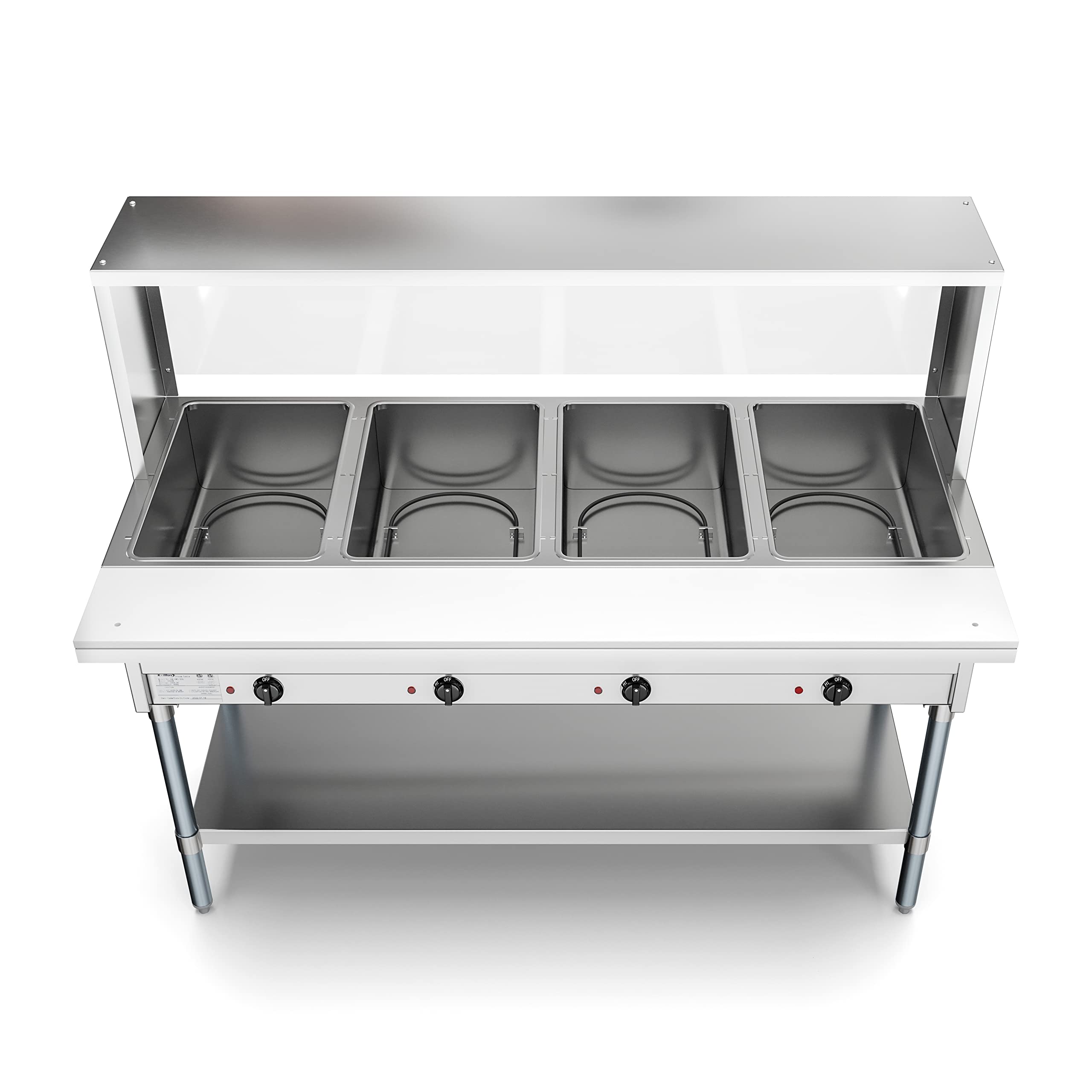 KoolMore 4-Pan Open Well Commercial Electric Stainless Steel Steam Table Food Warmer for Buffets with Sneeze Guard, Overshelf, Undershelf, Warming Control Knobs [120V] (KM-OWS-4SG), Silver