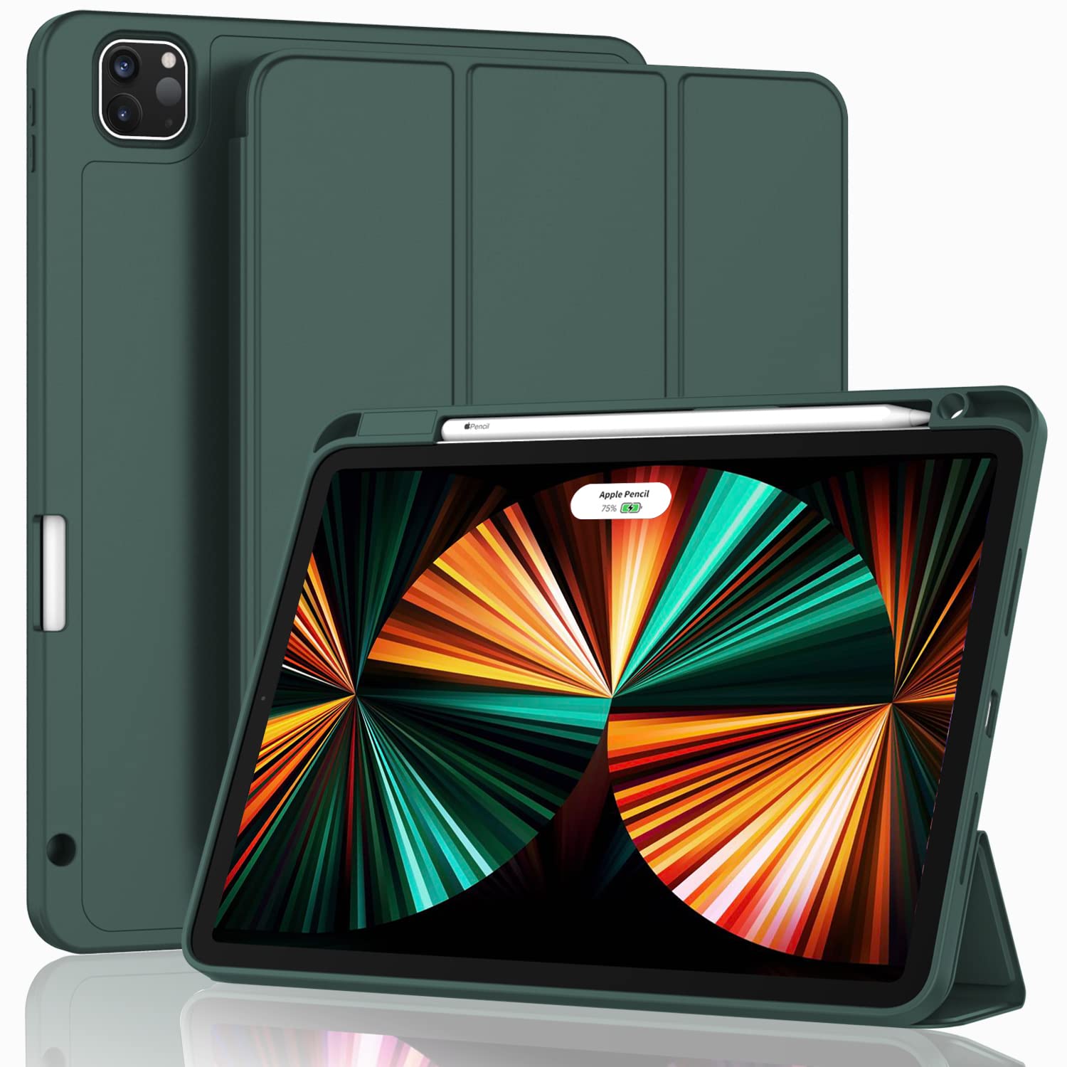 ZryXal New iPad Pro 12.9 Inch Case 2022/2021/2020(6th/5th/4th Gen) with Pencil Holder,Smart Case [Support Touch ID and Auto Wake/Sleep] with Auto 2nd Gen Pencil Charging (Midnight Green)