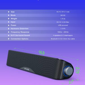 Computer Speakers, HiFi Sound Quality Computer Sound Bar, USB Powered PC Speakers, Bluetooth 5.0 and 3.5mm Aux-in Computer Speakers for Desktop, Laptops, PCs, Phones, Tablets, Xbox, Gaming Speakers