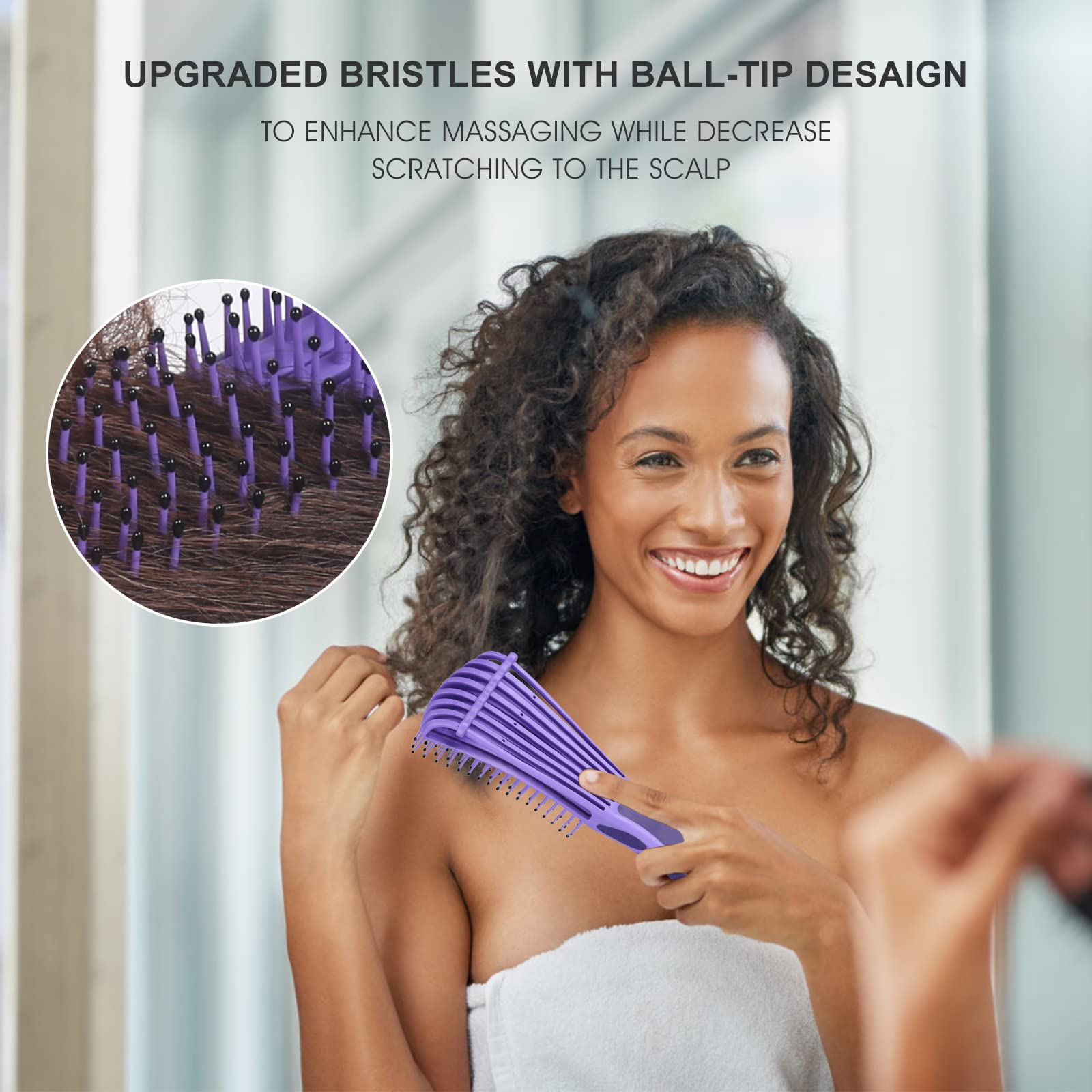 Hair Brush, BESTOOL Detangling Hair Brush for Curly Hair No-pain Hairbrush Set Includes 1 Detangler Brush,1 Spray Bottle and 2 Hair Clips Best for Natural Curls 3/4abc Hair type (Purple)