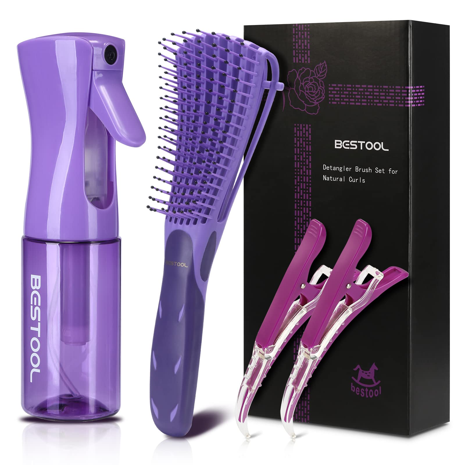 Hair Brush, BESTOOL Detangling Hair Brush for Curly Hair No-pain Hairbrush Set Includes 1 Detangler Brush,1 Spray Bottle and 2 Hair Clips Best for Natural Curls 3/4abc Hair type (Purple)