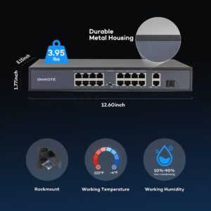 ONWOTE 16 Ports Ethernet PoE Switch @ 300W, 2 x Uplink Gigabit RJ45 Ports, 1 x SFP Slot, Support 4K 8MP 5MP PoE IP Security Cameras, Add-on PoE Injector to PoE NVR System