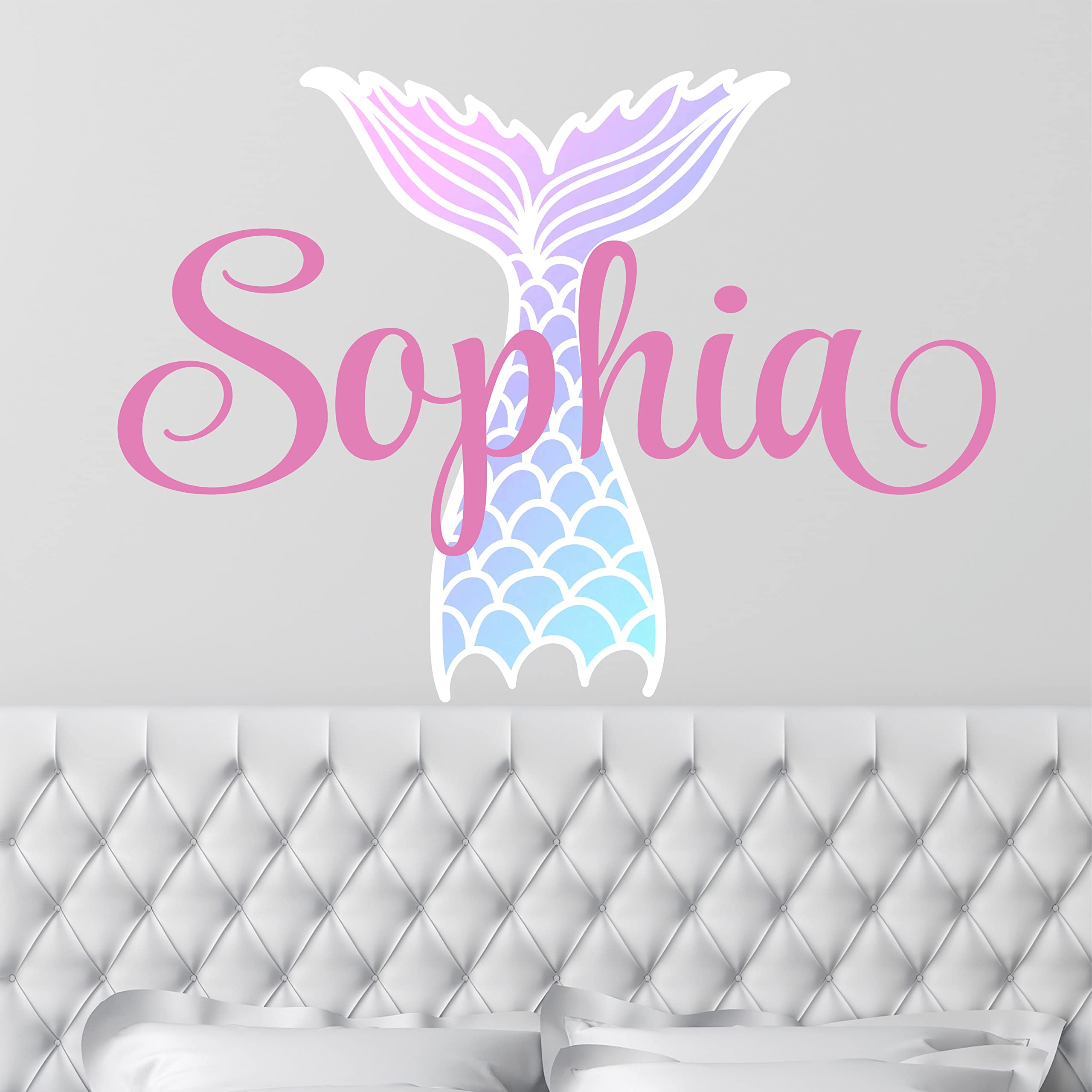 Custom Name Mermaid Nursery Wall Decal - Girls Personalized Name Mermaid Wall Sticker - Custom Name Sign - Custom Name Stencil Monogram - Girls Nursery Wall Decor (16" Wide x 11" high)