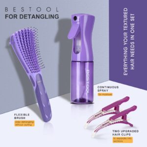 Hair Brush, BESTOOL Detangling Hair Brush for Curly Hair No-pain Hairbrush Set Includes 1 Detangler Brush,1 Spray Bottle and 2 Hair Clips Best for Natural Curls 3/4abc Hair type (Purple)