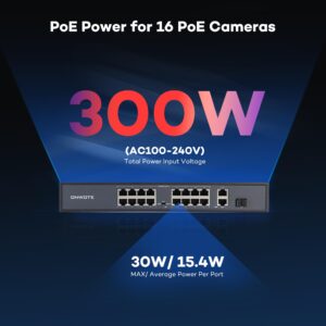 ONWOTE 16 Ports Ethernet PoE Switch @ 300W, 2 x Uplink Gigabit RJ45 Ports, 1 x SFP Slot, Support 4K 8MP 5MP PoE IP Security Cameras, Add-on PoE Injector to PoE NVR System