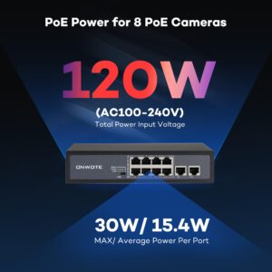 ONWOTE 8 Ports 120W(AC100-240V) Ethernet PoE Switch, 2 x Uplink Gigabit RJ45 Ports, Support 4K 8MP 5MP PoE IP Security Cameras, Add-on PoE Injector to PoE NVR System