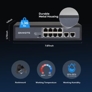 ONWOTE 8 Ports 120W(AC100-240V) Ethernet PoE Switch, 2 x Uplink Gigabit RJ45 Ports, Support 4K 8MP 5MP PoE IP Security Cameras, Add-on PoE Injector to PoE NVR System