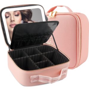 MOMIRA Makeup Train Case with Light & Mirror Large Cosmetic Organizer with Adjustable Dividers for Cosmetics,10X Magnifying Makeup Mirror,Pink