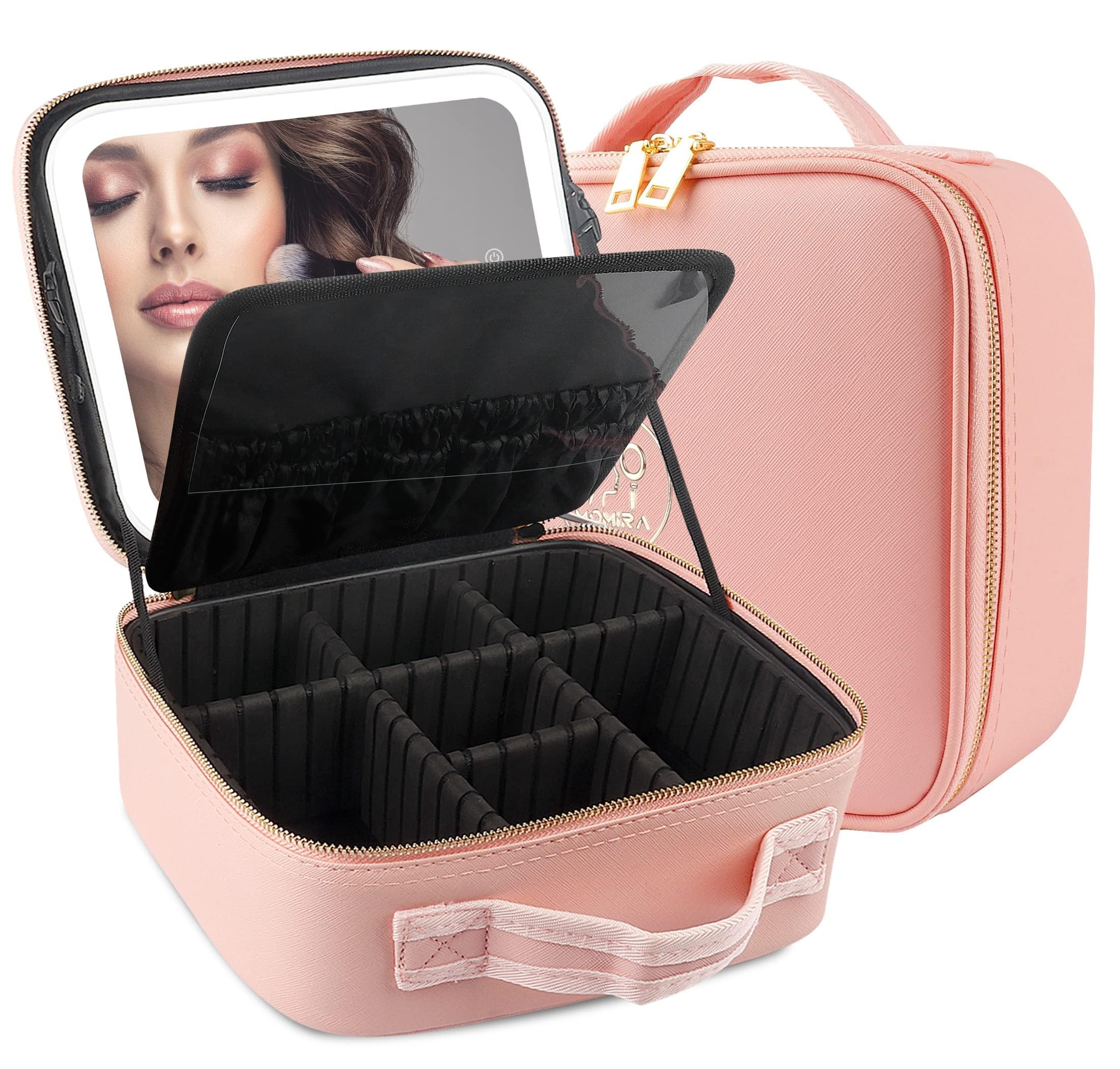 MOMIRA Makeup Train Case with Light & Mirror Large Cosmetic Organizer with Adjustable Dividers for Cosmetics,10X Magnifying Makeup Mirror,Pink