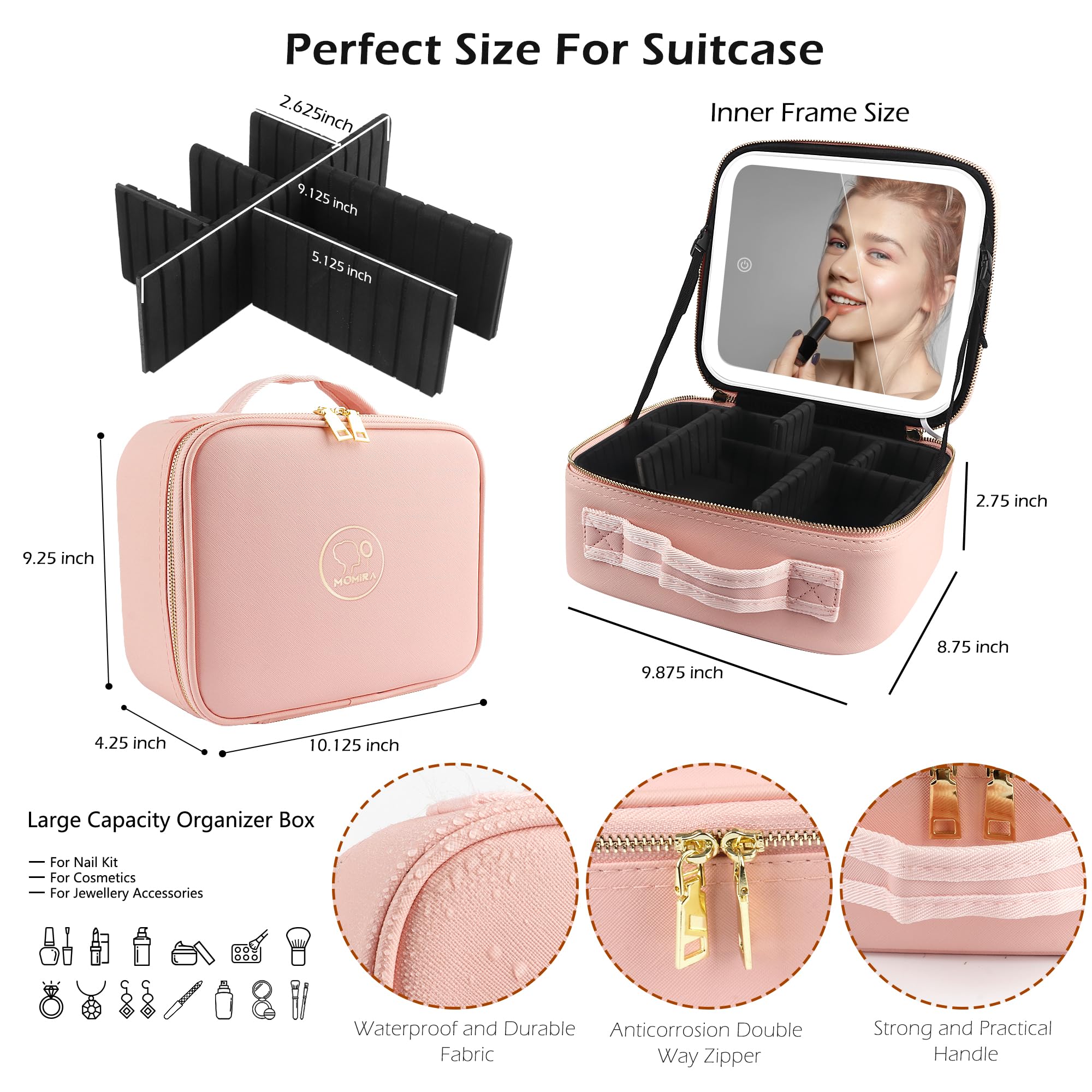 MOMIRA Makeup Train Case with Light & Mirror Large Cosmetic Organizer with Adjustable Dividers for Cosmetics,10X Magnifying Makeup Mirror,Pink