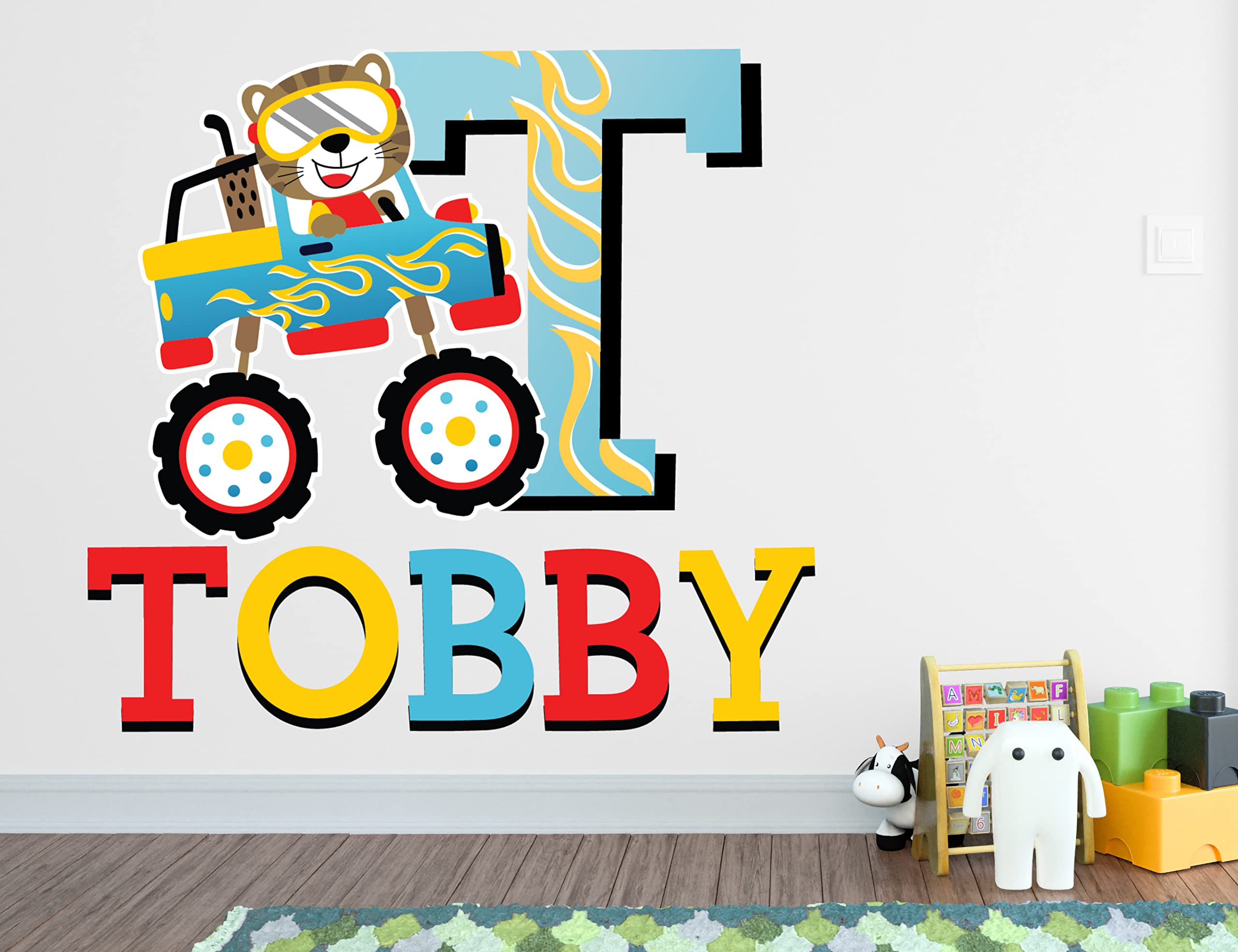 Racing Trucks Wall Decal for Boys Nursery - Personalized Name Stickers Car Wall Decals Bedroom Decor - Monster Truck Wall Sticker for Baby Room - Car Themed Room Decor - Boys Custom Name Wall Decal