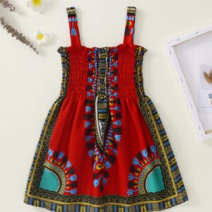 Kids Toddler Girls African Dress Dashiki Ankara Outfit Sleeveless Sling Smocked Dress Boho Baby Girl Clothes (5-6X, red)