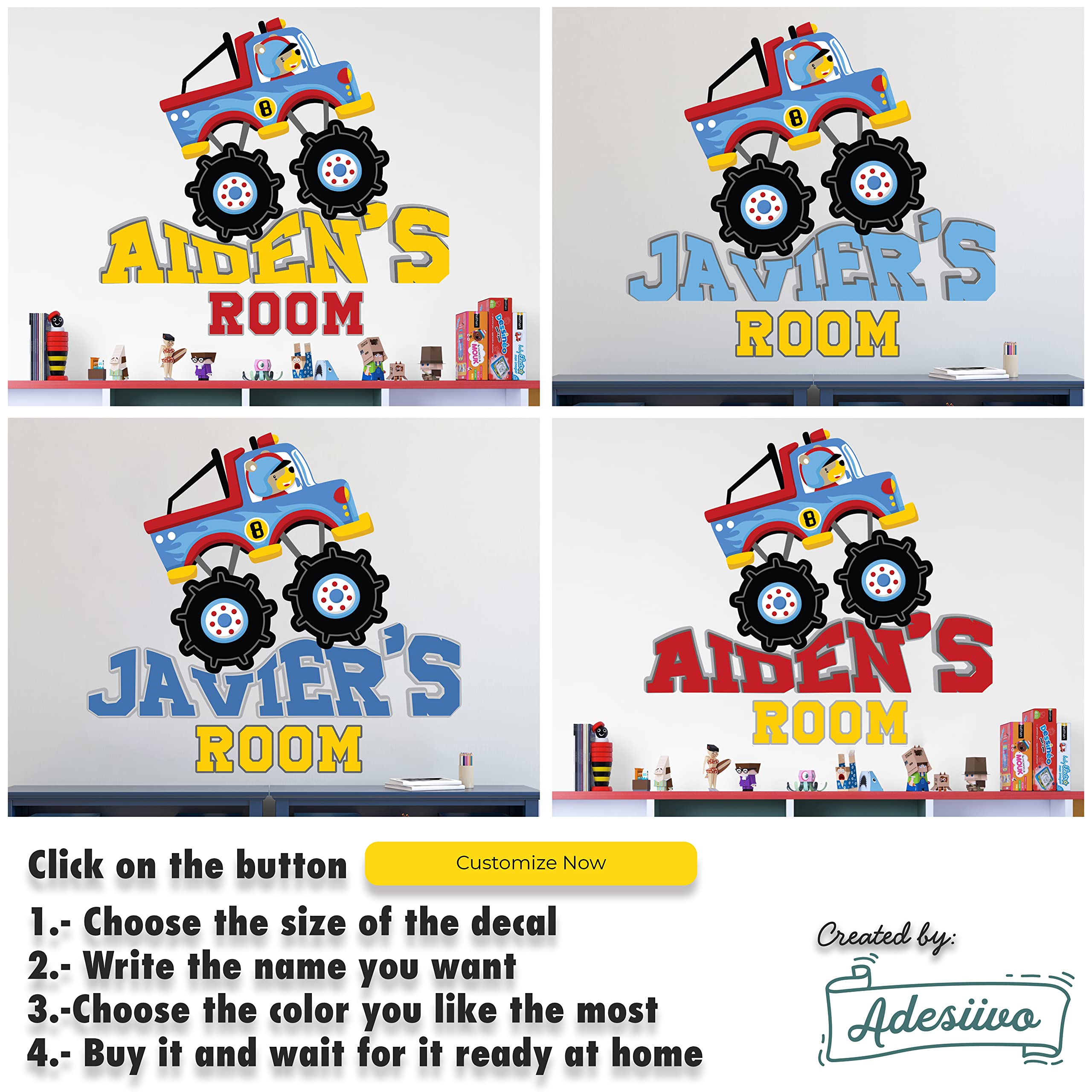 AdesiivoStudio Personalized Name Monster Truck Stickers for Wall Decor - Monster Truck Room Decor for Boys - Monster Jam Wall Decals for Kids Bedroom - Customized Name Wall Decor (Kids Monster Truck)