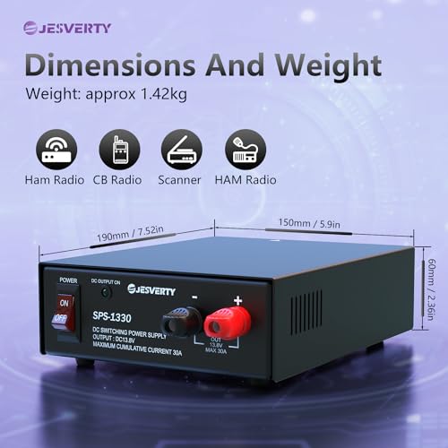 Jesverty Universal Compact Bench Power Supply - 30 Amp Regulated Home Lab Benchtop AC-to-DC Converter for CB/HAM/Amateur Radio with 13.8V Fixed OutputScrew-Type Terminals, Cooling Fan - SPS-1330