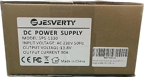 Jesverty Universal Compact Bench Power Supply - 30 Amp Regulated Home Lab Benchtop AC-to-DC Converter for CB/HAM/Amateur Radio with 13.8V Fixed OutputScrew-Type Terminals, Cooling Fan - SPS-1330