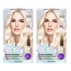 l’oreal paris feria hyper platinum hair bleach, lifts up to 8 levels, includes anti brass purple conditioner, hyper platinum blonde hair dye kit, pack of 2