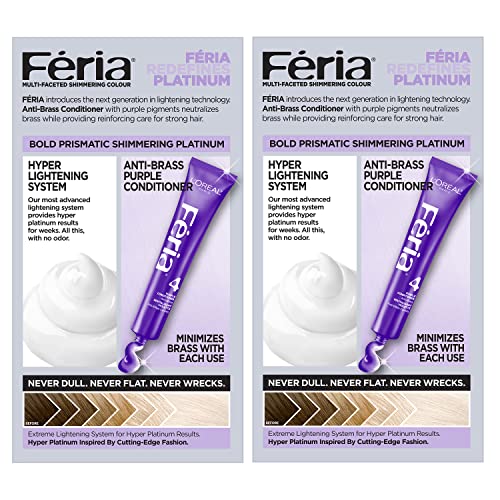 L’Oreal Paris Feria Hyper Platinum Hair Bleach, Lifts Up To 8 Levels, Includes Anti Brass Purple Conditioner, Hyper Platinum Blonde Hair Dye Kit, Pack of 2