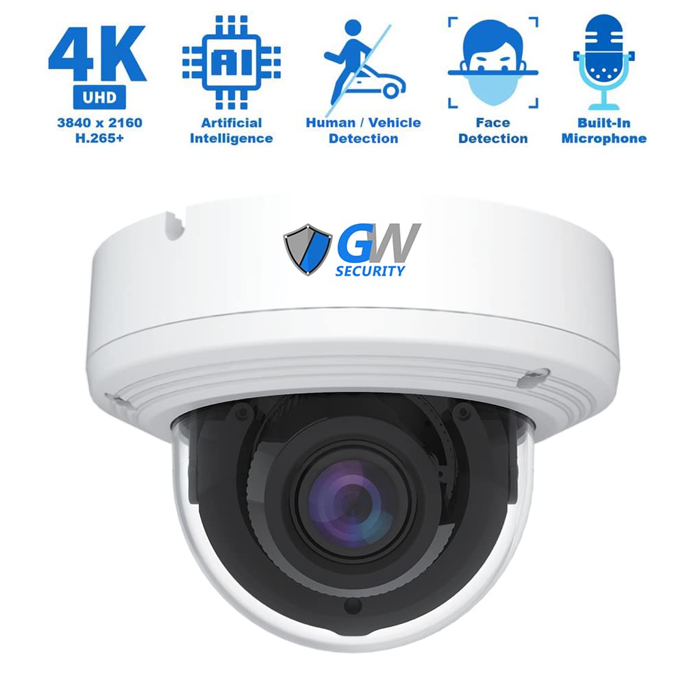 GW Security 8 Channel NVR 4K 8MP PoE 2.8-12mm Varifocal Zoom Security Camera System with 4 x 4K 8MP IP Microphone Waterproof Smart AI Dome Camera, Face Recognition/Human/Vehicle Detection