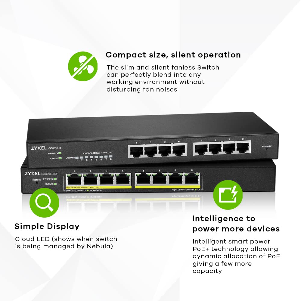 ZYXEL 8-Port Gigabit Ethernet Smart Switch (GS1915-8) - Managed, Optional Nebula Cloud Management, Desktop or Wall Mount, Limited Lifetime Protection