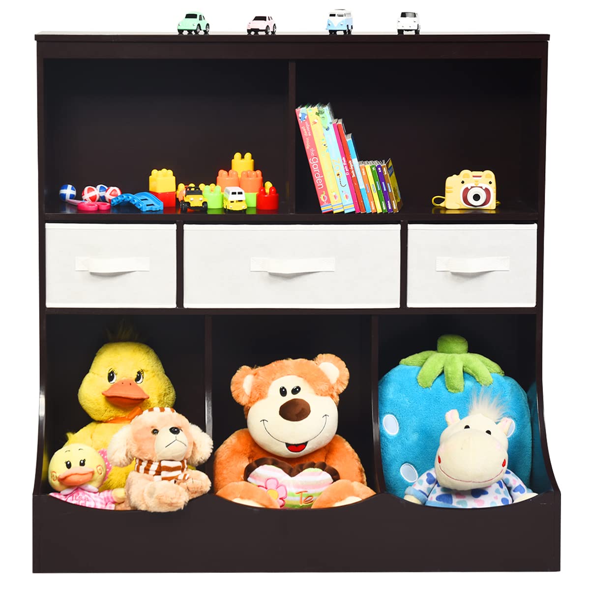 HONEY JOY Kids Toy Storage Organizer with Bookcase, 8-Cubby Organization Storage Cabinet w/Display Shelf & 3 Removable Fabric Bins, Wooden Toy Storage Unit for Playroom, Nursery Daycare(Espresso)