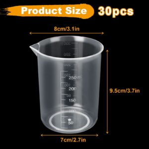 30PCS Plastic Beakers, 250ml Graduations, Premium Polypropylene, Plastic Graduated Measuring Cups for Home School Lab Science Experiment School Teaching Supplies,Tapered Spout