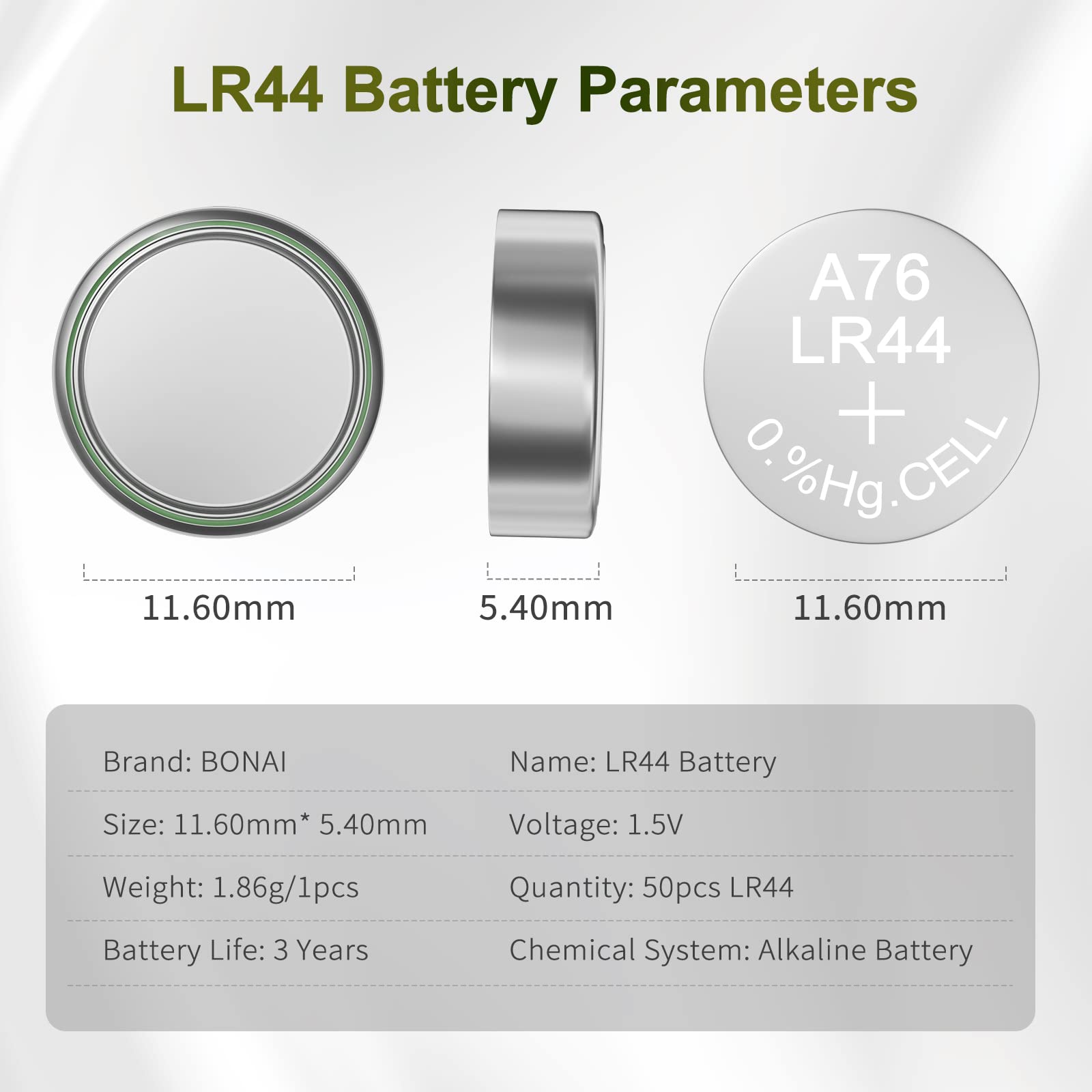 BONAI LR44 AG13 Batteries 1.5v Button Cell Battery 50 Count, A76 357/303 L1154f SR44 Battery High Capacity Packaging Upgrade…