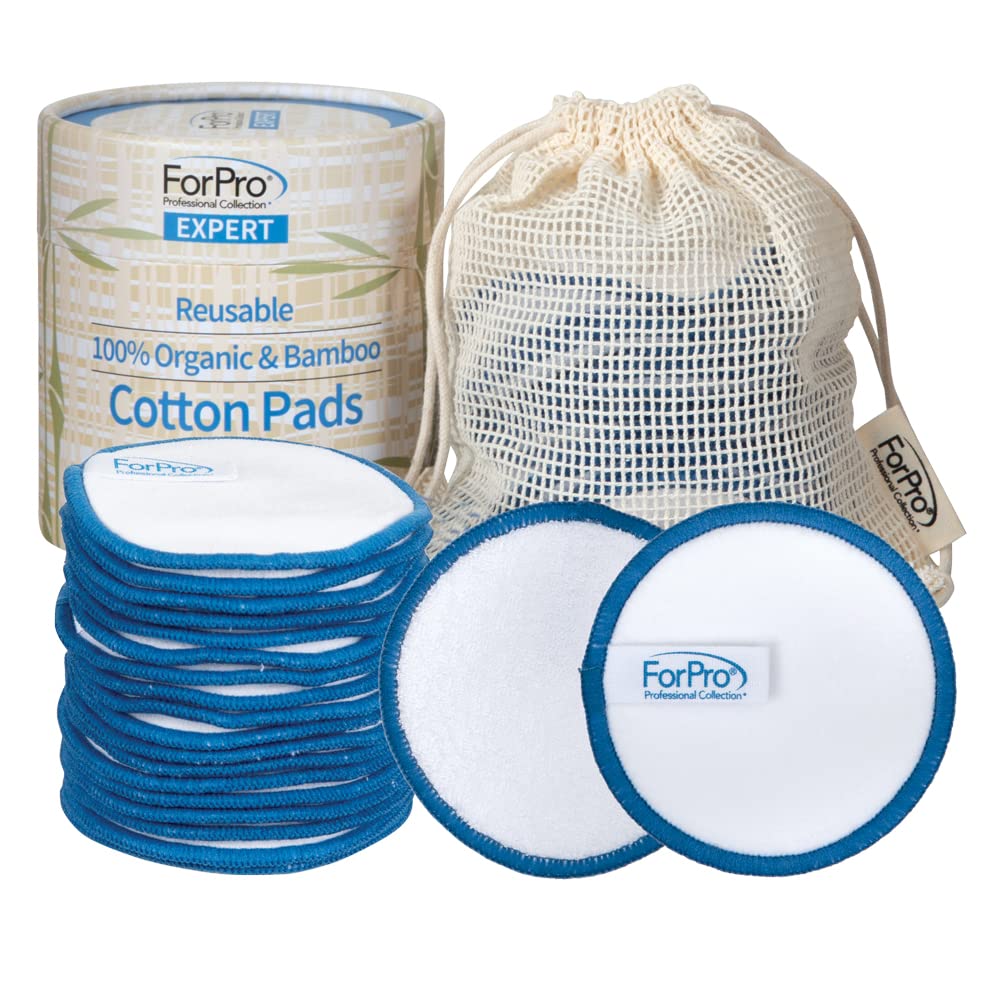 ForPro Professional Collection Expert Reusable Cotton Rounds (20 Pack), 100% Organic and Bamboo Makeup Remover Pads, Includes Drawstring Laundry Bag and Storage Container