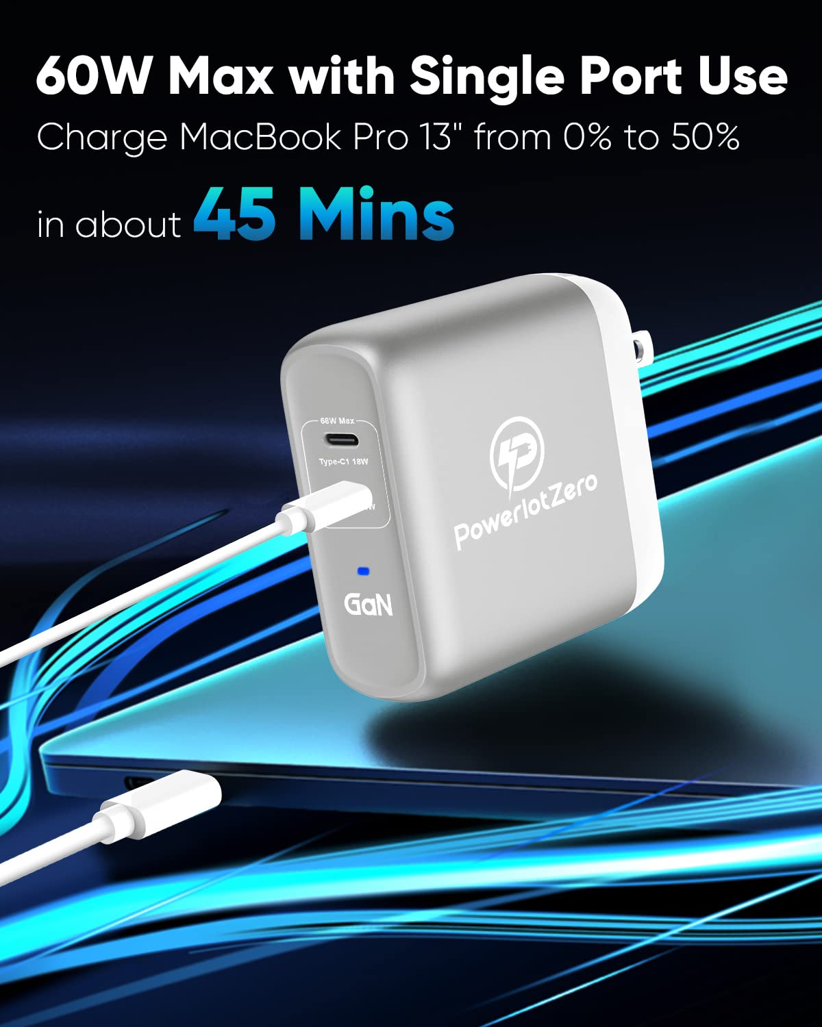 USB C Wall Charger Fast Charging - PowerlotZero 68W 2 Port GaN PD Power Adapter Plug 60W & 18W Dual USBC Foldable Laptop Charger Compatible with MacBook Pro Dell iPhone 14 13 Pro Max Plus iPad Pro