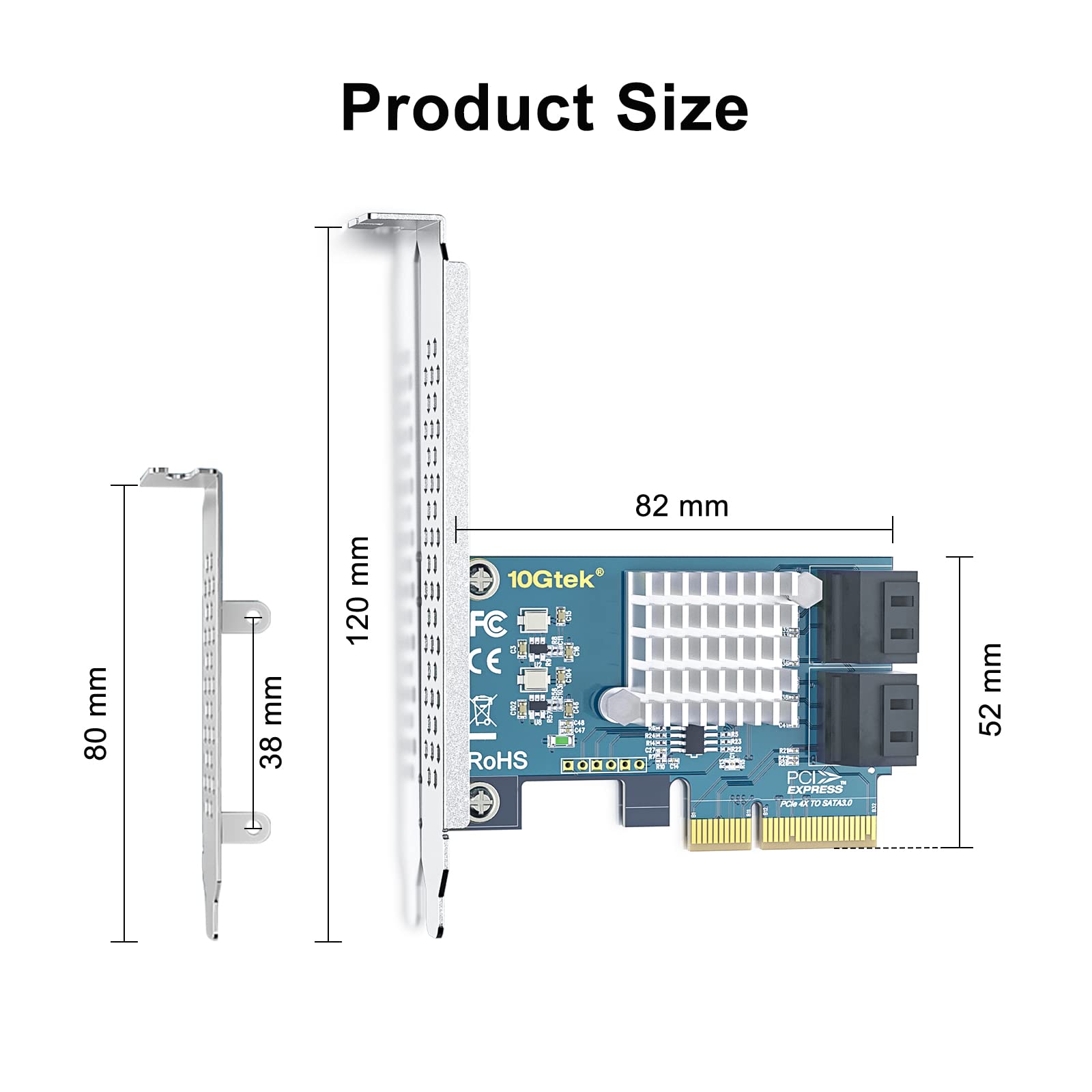 10Gtek PCIe SATA Card 4 Port with 4 SATA Cables and Low Profile Bracket, 6Gbps SATA3.0 Controller PCI Express Expansion Card, X4, Support 4 SATA 3.0 Devices