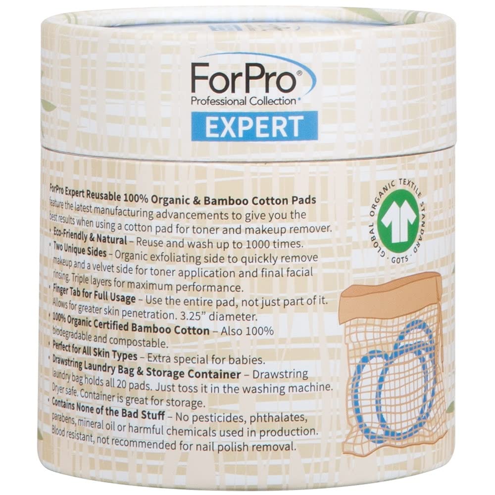 ForPro Professional Collection Expert Reusable Cotton Rounds (20 Pack), 100% Organic and Bamboo Makeup Remover Pads, Includes Drawstring Laundry Bag and Storage Container