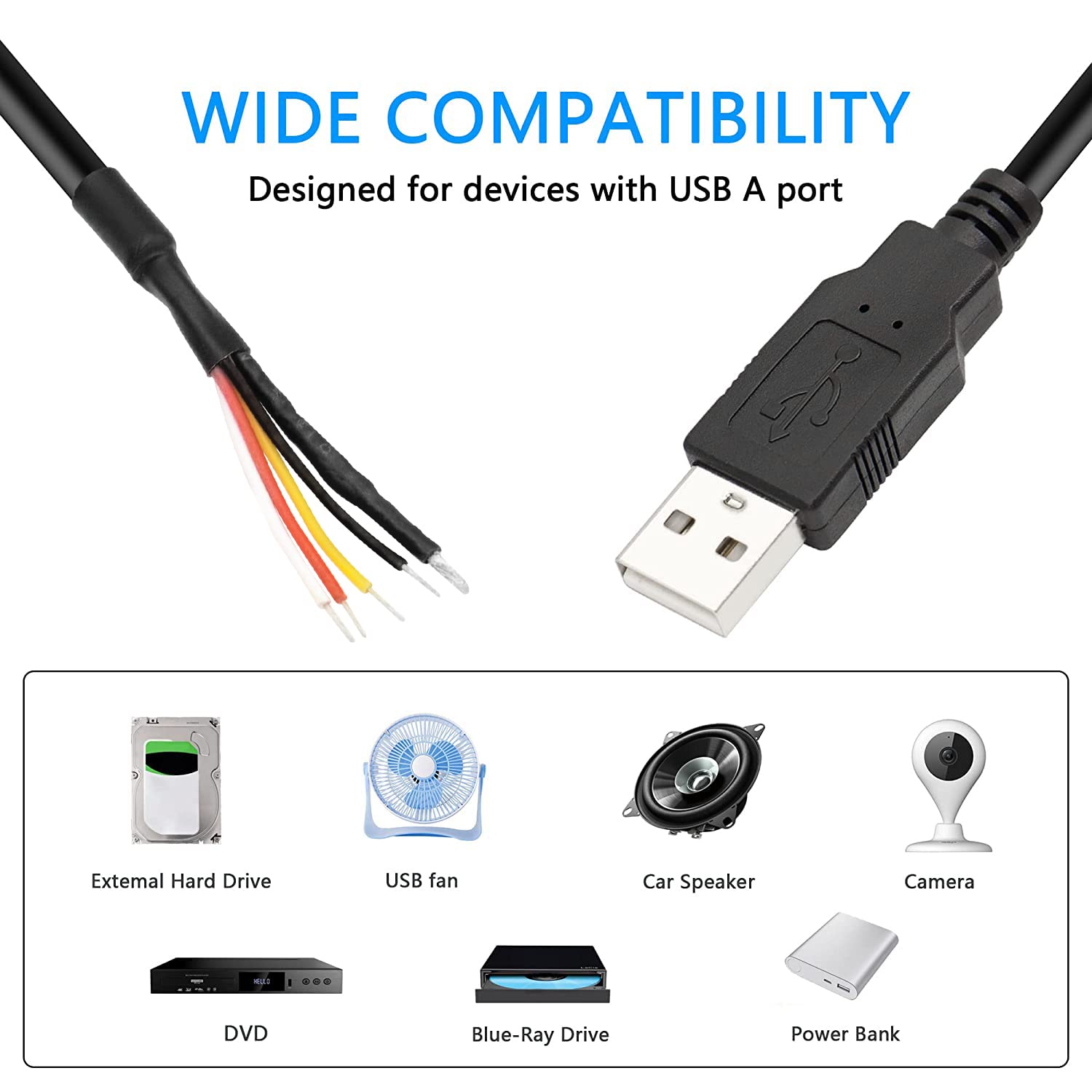 RIIEYOCA 2Pcs USB 2.0 Male Plug 5pin bare wire,USB Power Data Cable DIY Pigtail cable for USB Equipment Installed or DIY Replace Repair