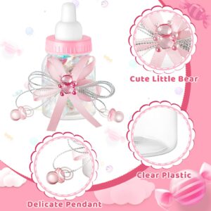 Nuenen 48 Pcs Baby Shower Bottles Baby Shower Mini Milk Bottle Baby Bottles Mini Baby Bottles for Baby Shower Plastic Bear Candy Bottles with Ribbon for Baby Shower Favor Gift(Pink)