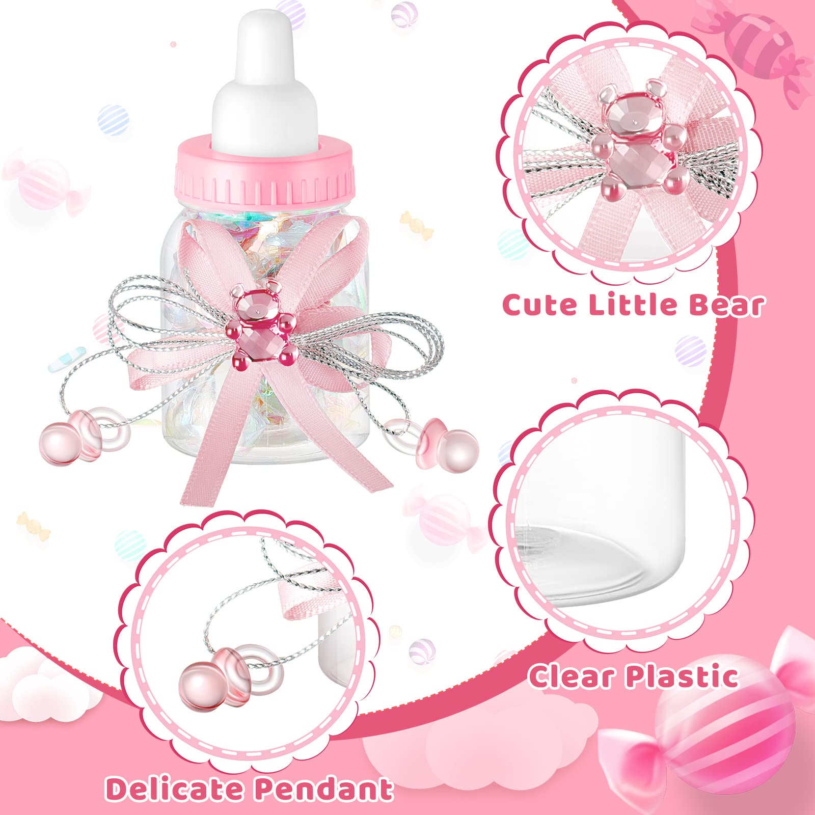 Nuenen 48 Pcs Baby Shower Bottles Baby Shower Mini Milk Bottle Baby Bottles Mini Baby Bottles for Baby Shower Plastic Bear Candy Bottles with Ribbon for Baby Shower Favor Gift(Pink)