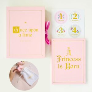 rayne baby princess baby memory book kit. baby journal scrapbook with keepsake box, pouches and boho milestone stickers. girl baby album first year to 5. princess baby gift for girl or boy