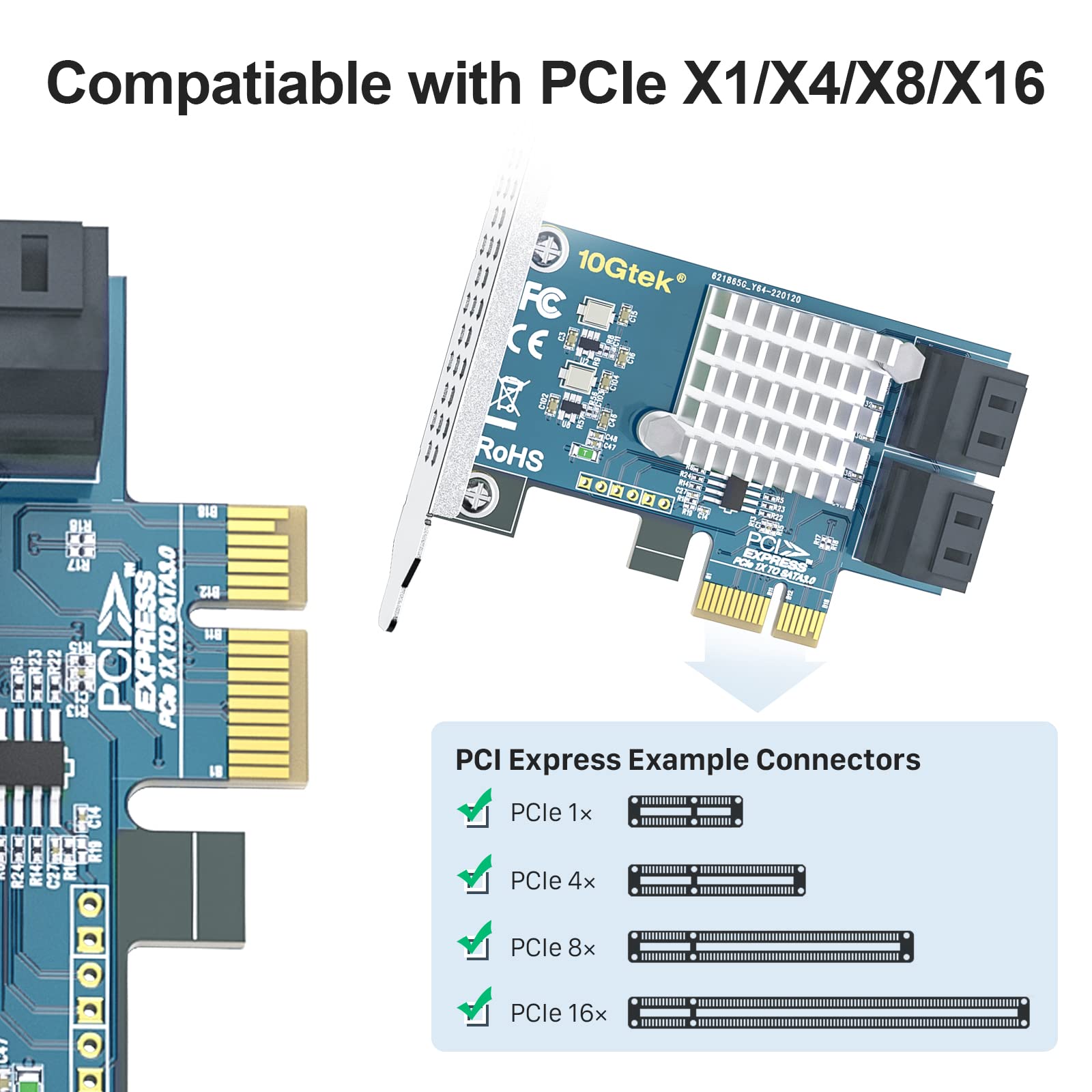 10Gtek PCIe SATA Card 4 Port with 4 SATA Cables and Low Profile Bracket, 6Gbps SATA3.0 Controller PCI Express Expansion Card, X1, Support 4 SATA 3.0 Devices