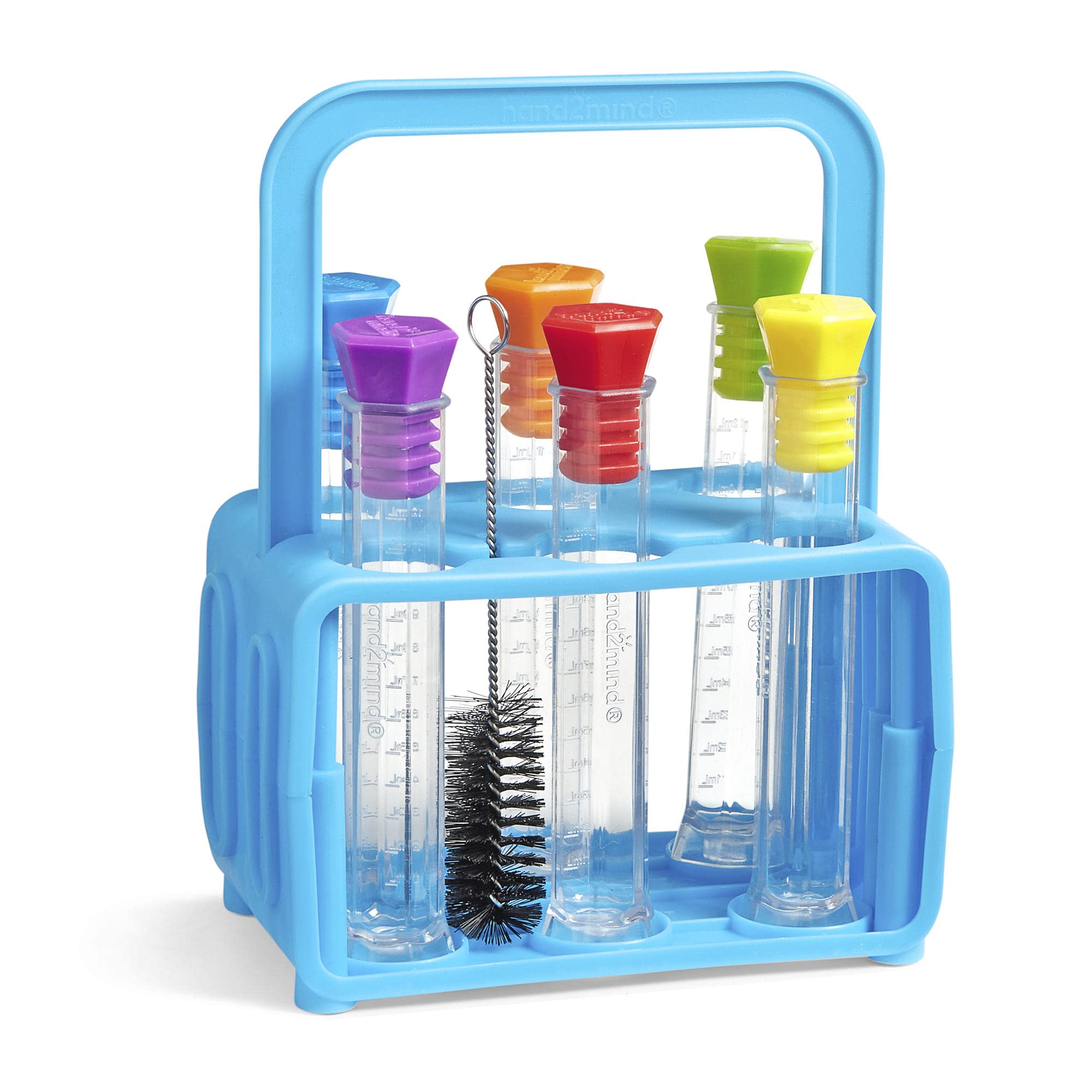 hand2mind Starter Science Test Tube Set, Flat Bottom Test Tubes, Science Lab for Kids, Test Tube Rack, Science Supplies,Test Tubes with Lids, Science Experiments, Science Kits for Kids (Six Tubes)