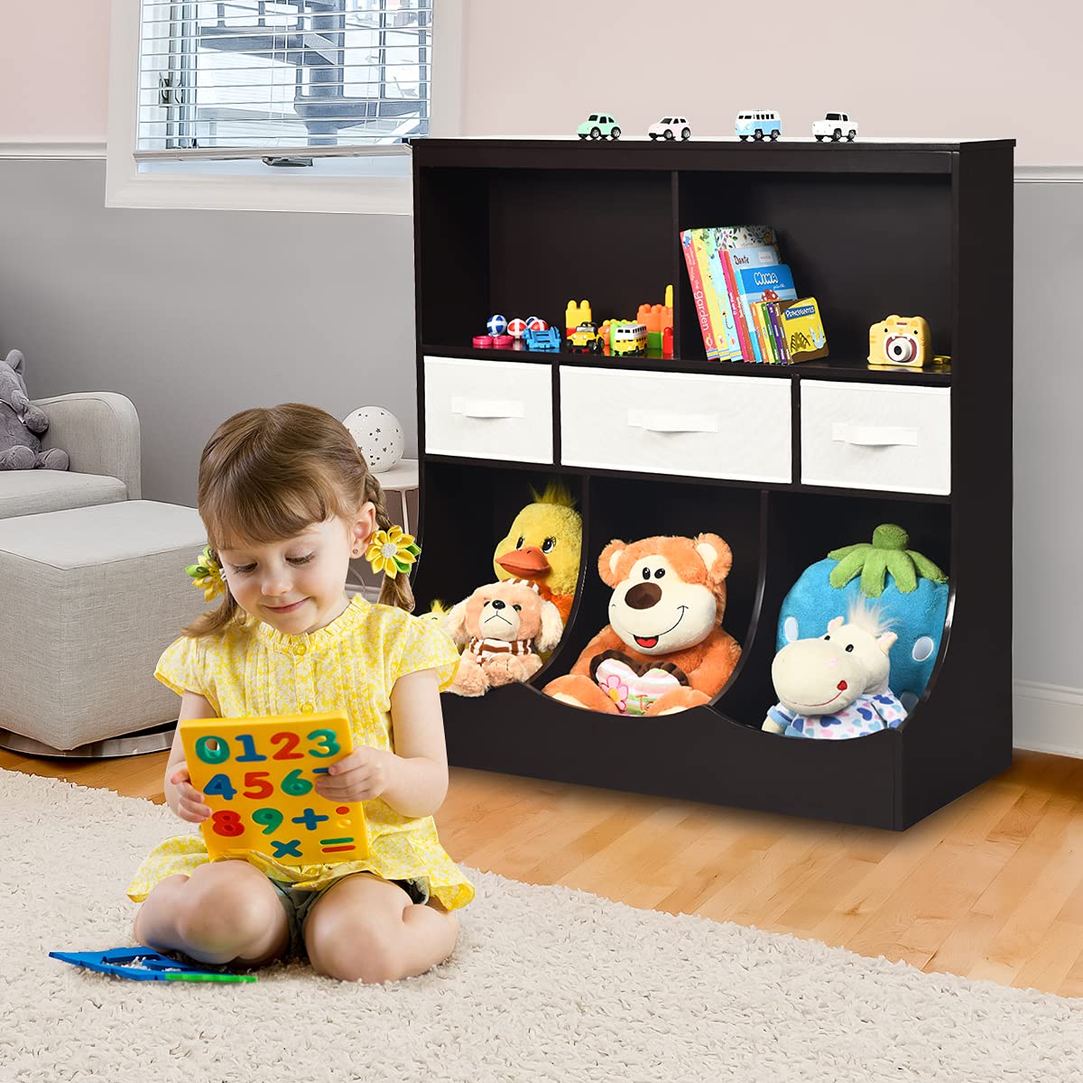 HONEY JOY Kids Toy Storage Organizer with Bookcase, 8-Cubby Organization Storage Cabinet w/Display Shelf & 3 Removable Fabric Bins, Wooden Toy Storage Unit for Playroom, Nursery Daycare(Espresso)