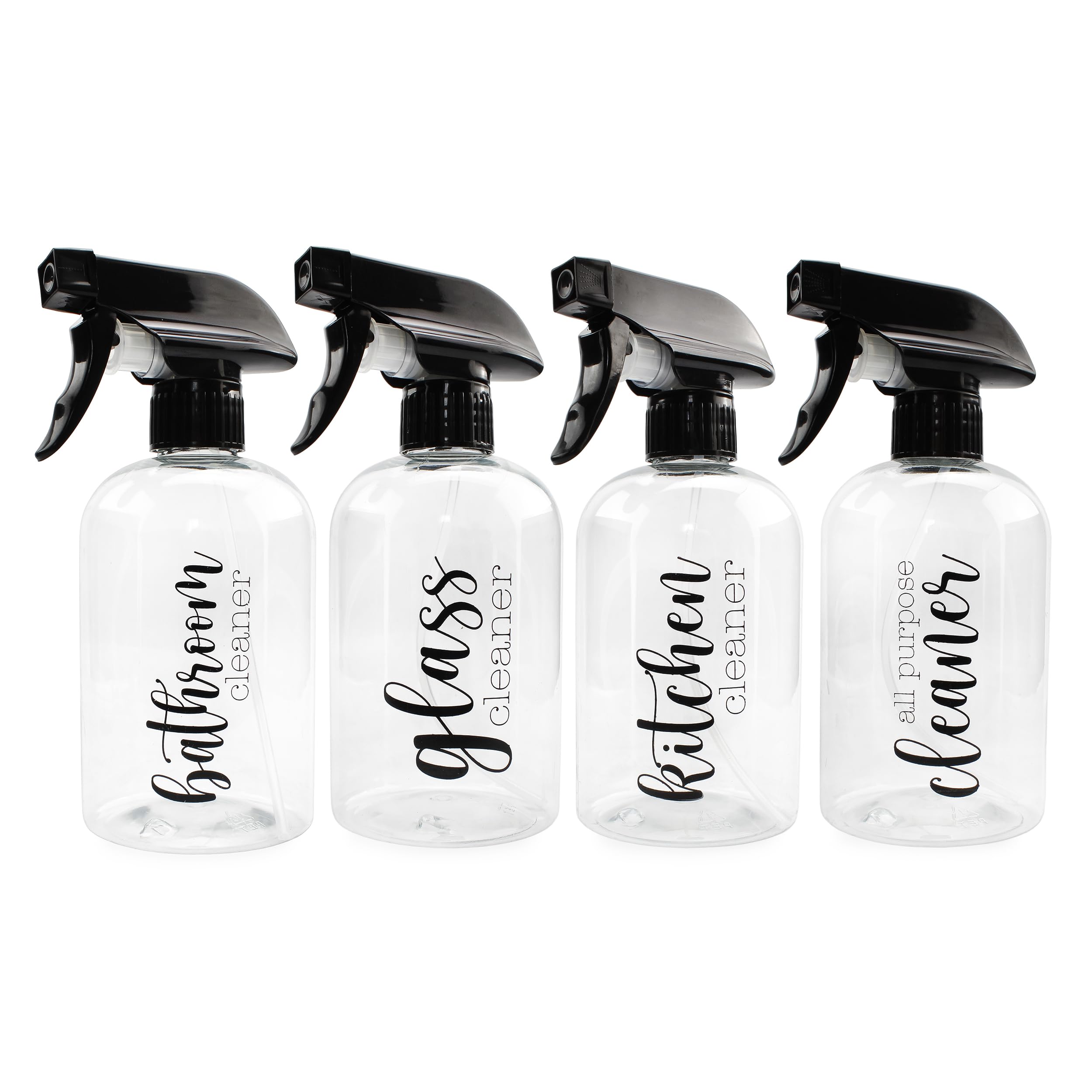 Cornucopia Plastic Cleaning Spray Bottles with Labels (Set of 4); 16oz Refillable Trigger Sprayers w/ 3 Settings and Farmhouse Script Labels