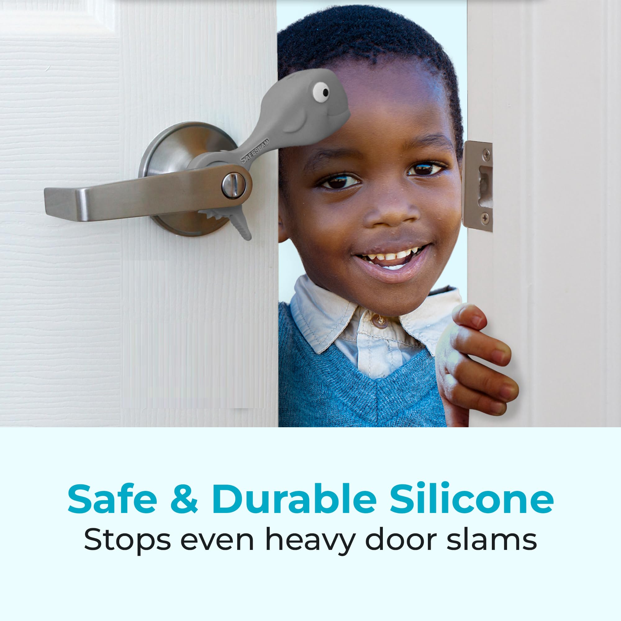 SAFESLAM Door Slam Preventer, Stays On Door Even When Closed, Protect Child Hands, Dog and Cat Tails. Doors Won’t Close Toddlers or Pets in Rooms, Kids and Adults Love Whale Pinch Guard (Grey)