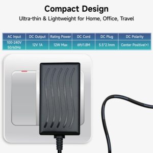 UL Listed 12V 1A 6ft Power Supply Adapter, 100-240V 50/60Hz AC to DC 12V 1000mA 800mA 600mA 500mA 300mA Universal AC Adapter with 5.5mm*2.1mm DC Plug, Center Positive